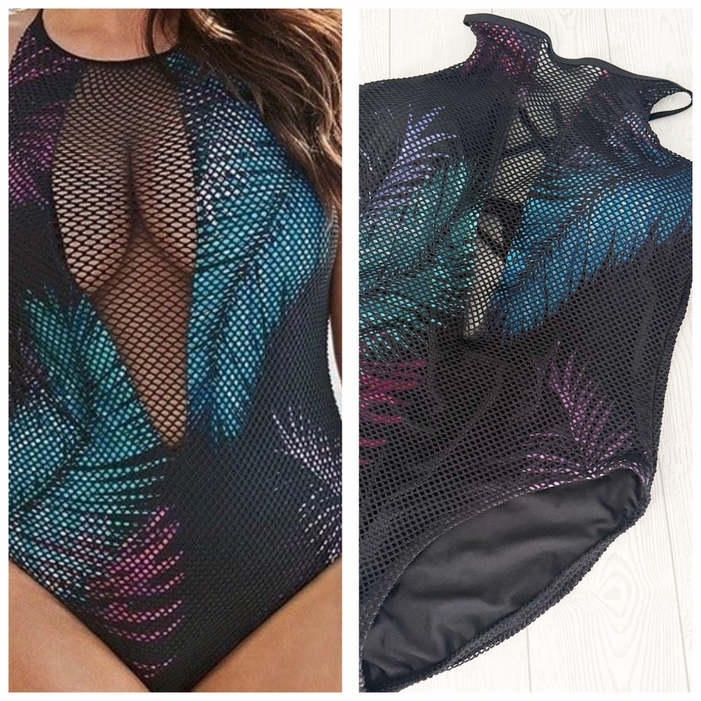 Swimsuits For All Black Mesh One-Piece with Teal and Purple Leaf Print